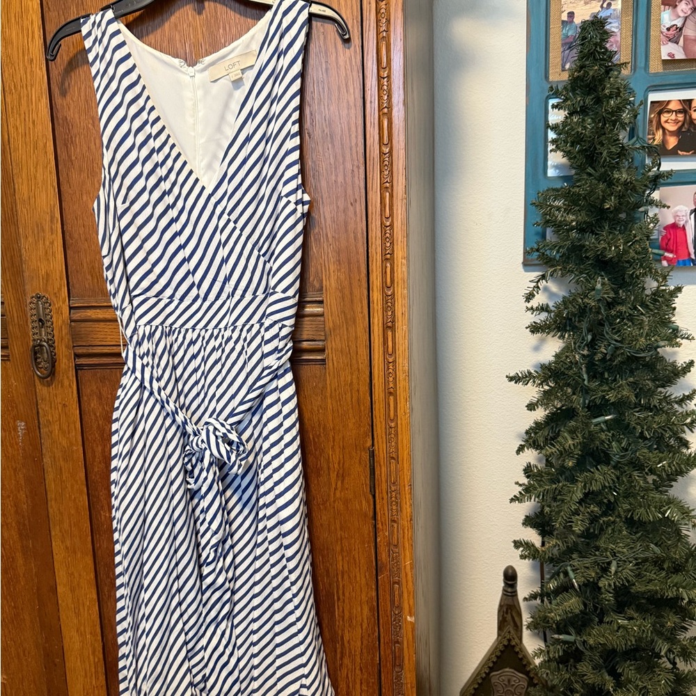 LOFT Navy and White Striped Midi Dress